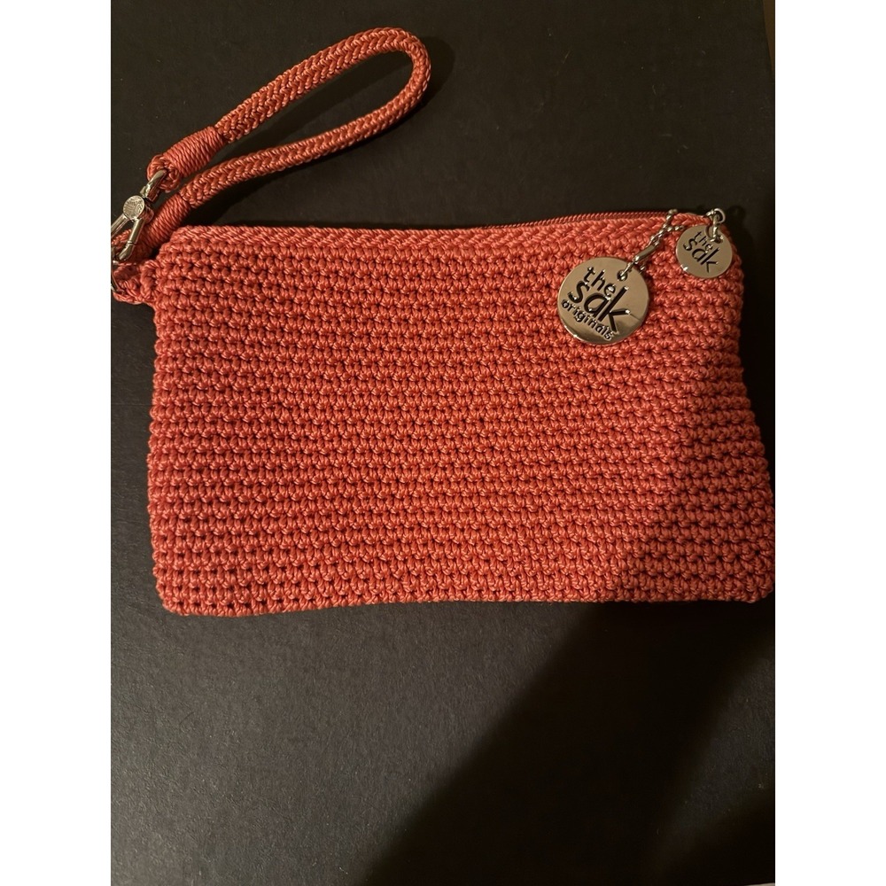 The Sak Crochet Orange Wristlet  Wallet Credit Card Zipper Solid Logo